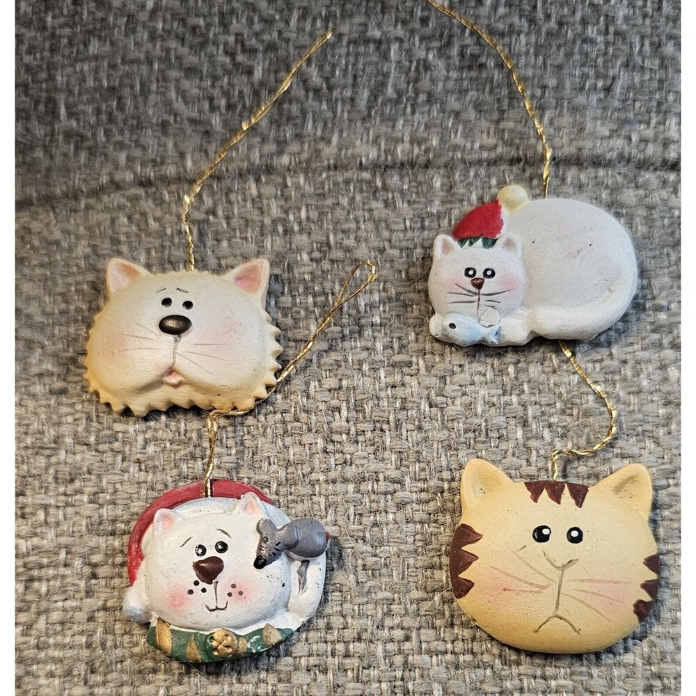(4) MINI CAT CHRISTMAS TREE ORNAMENTS 1" HOME DECOR